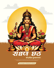 Obraz premium Devotional scene of woman preparing food in Indian kitchen on Randhan Chhath festival