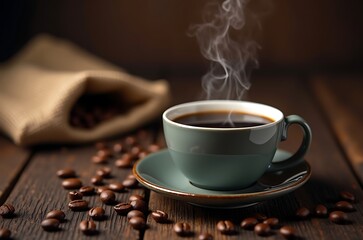 Cozy Rustic Still Life Hot Coffee Drink with Beans ai generated