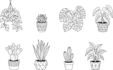 Cad drawing flat vector illustrations of black and white potted plant silhouettes, featuring succulents, monstera, cactus, and leafy home décor