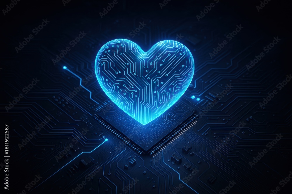 Poster digital heart: a captivating digital rendering showcases a luminous heart formed from intricate circ
