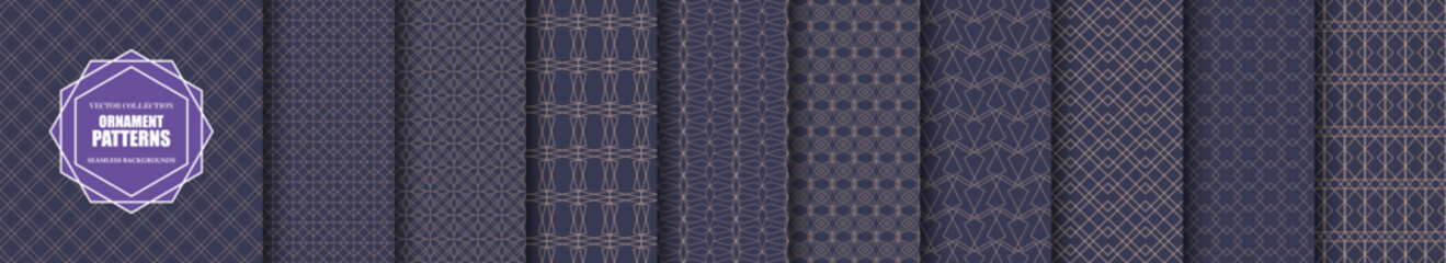 Collection of ornamental vector seamless patterns. Elegant geometric oriental repeatable backgrounds. Luxury dark violet design - symmetric grid textures