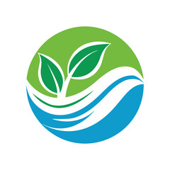 Eco friendly circular logo with leaf and wave elements in minimal clean vector artwork