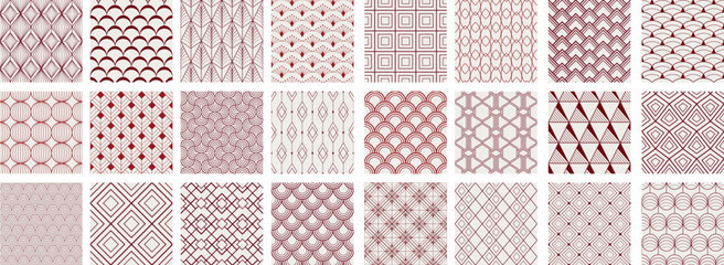 Collection of art deco seamless ornamental geometric patterns. Repeatable oriental backgrounds. Decorative elegant red prints