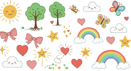 Soft pastel-themed nature doodles including rainbows, clouds, hearts, bows, stars, and trees, suitable for kids crafts and gentle designs