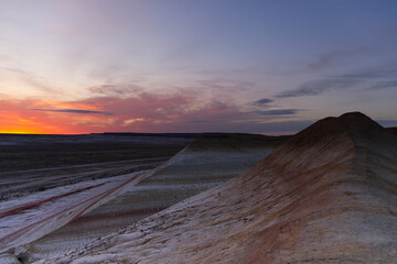 The colors of Tiramisu Canyon in Mangystau at sunrise, Kazakhstan