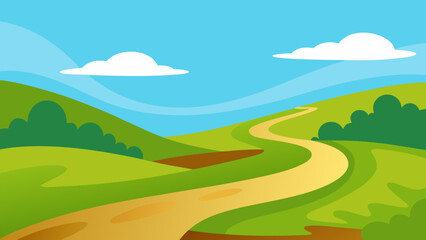 Obraz premium Vibrant 2D cartoon illustration of a serene rural landscape