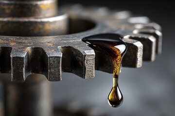 Industrial Machine Gear Lubrication with Oil Drop for Maintenance and Smooth Operation Concept