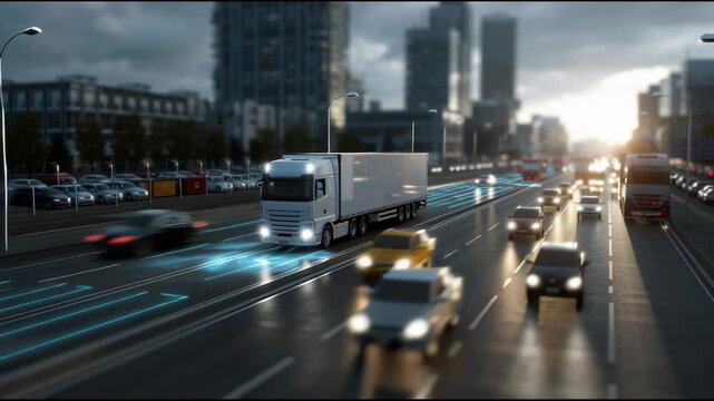 Autonomous Truck Navigating City: A modern autonomous truck cruises down a bustling city thoroughfare, illustrating the future of transport.
