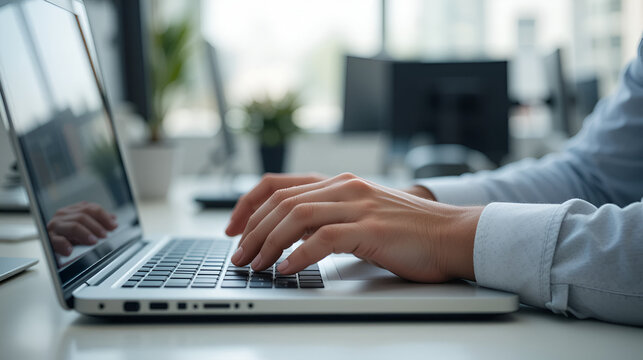 Businessman hands are tapping hesitantly on desktop. Employee types with fingers on laptop keyboard. Working in office workspace. Hand gesture reflects thoughtfulness expectation. Nervous experiences