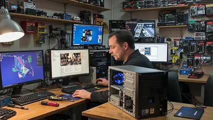 Technician assembling computer components in a tech shop, surrounded by various hardware displays