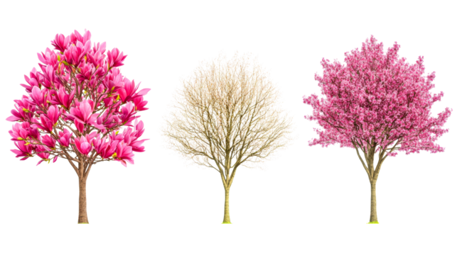 Various stages of flowering trees with transparent background