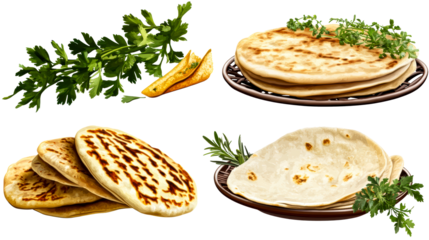 Various types of flatbreads are presented, garnished with fresh herbs