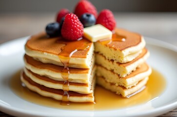 Buttery Pancake Stack with Fresh Raspberries and Syrup ai generated