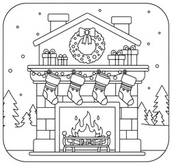 Naklejka premium Christmas Fireplace Scene with Stockings, Wreath, and Gifts for Holiday Coloring Page