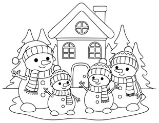 Happy Snowman Family in Front of Cozy Winter House with Pine Trees | Christmas Coloring Page