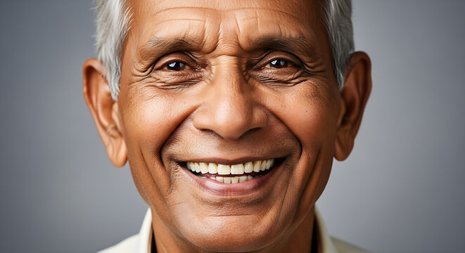 Close-up smiling portrait of a joyful elderly Indian man with grey hair and wrinkles showing a happy and friendly expression against a neutral background