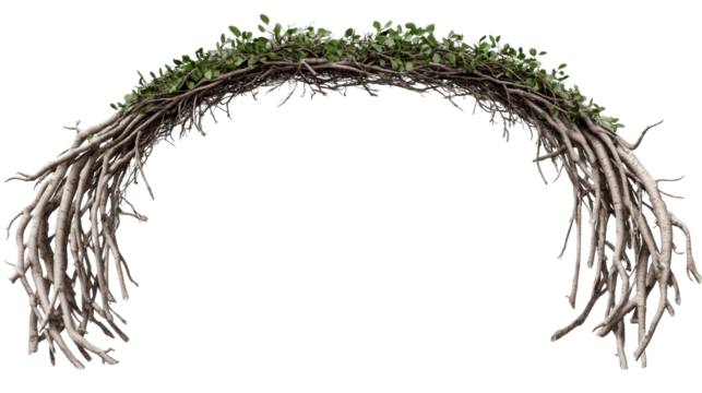 Natural arch formed by intertwined roots and greenery