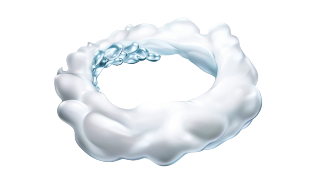 Fluffy cloud with a circular opening and bubbles in clear background