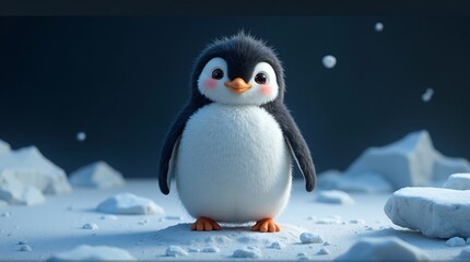 Obraz premium A cartoon penguin standing on snow with a dark blue background behind it