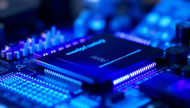 Close up of a glowing blue computer processor chip on a motherboard with intricate circuitry and electronic components