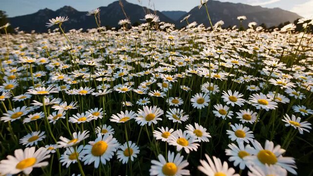 A wide-angle video captures a vast field of daisies under a clear sky, with mountains in the background, creating a serene, natural scene.