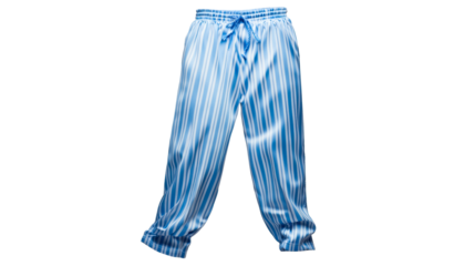 Striped blue pajama pants with elastic waistband and drawstring