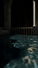 Dark, still water pool in a subterranean, ancient-style room.  Stone pillars, and a rope railing surround the pool