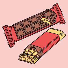 Vector Illustration of Two Chocolate Bars in Wrappers on Soft Pink Pastel Background
