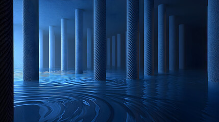 Submerged colonnade, deep blue water, pillars,  dark, serene,  reflective