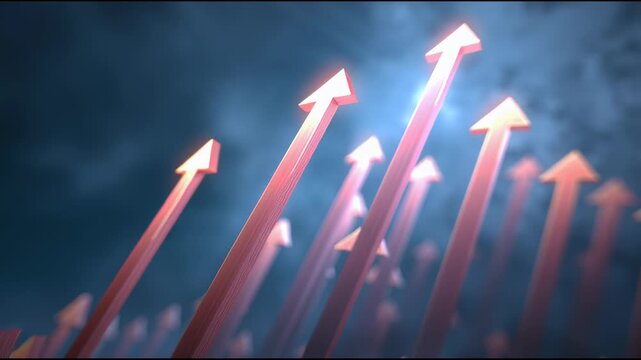 Ascending Arrows of Growth: A dynamic visual, rows of upward-pointing arrows symbolizing progress and expansion, set against a moody backdrop with volumetric lighting.