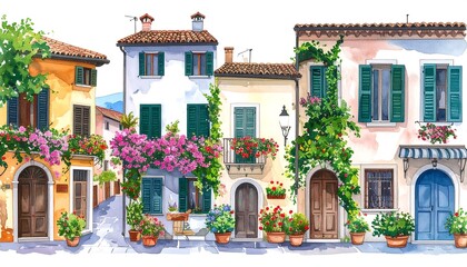 Watercolor Italian village street scene
