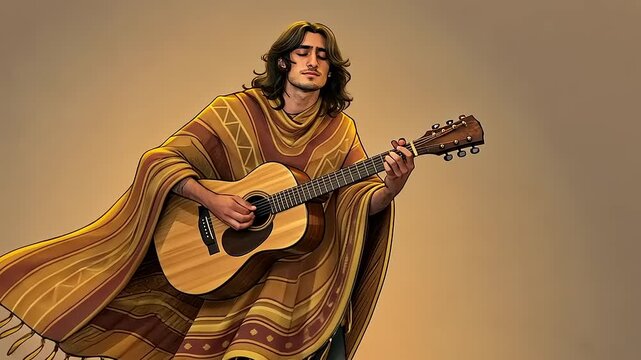 Young man in a patterned poncho playing acoustic guitar, with a warm background ambiance