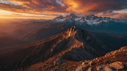 Obraz premium Amazing bright sunset over rocky cloudy mountains