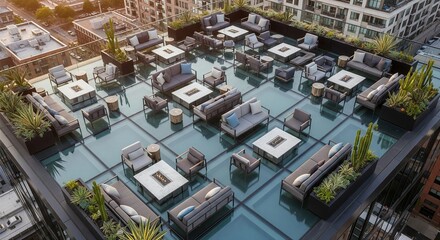 Fototapeta premium Luxury rooftop patio overlooking city skyline at golden hour, rich colors