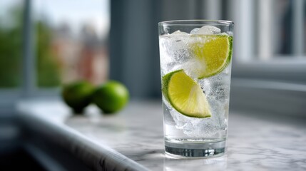 Icy gin and tonic cocktail with fresh lime on marble offers a refreshing summer vibe