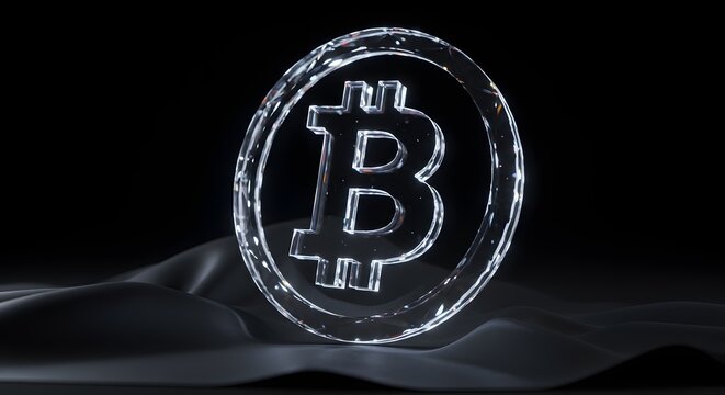 Stunning crystal Bitcoin symbol shimmering on luxurious dark fabric, representing digital finance and future wealth