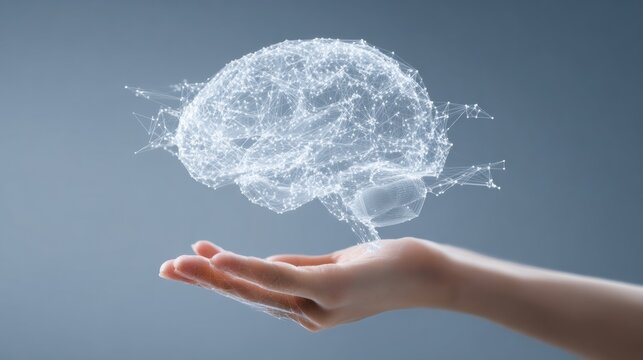 Futuristic 3D Brain Representation Floating Above a Hand Against a Soft Gradient Background, Symbolizing Advanced Technology and Human Cognition - Powered by Adobe