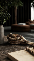 Rustic interior detail with a coiled rope on a wooden surface.  A potted plant and a section of a brown leather couch are visible in the background