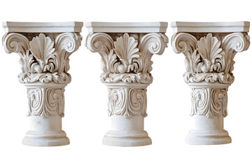 Three ornate classical corinthian columns isolated on transparent background