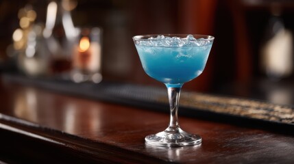A vibrant blue cocktail with ice sits on a dark wooden bar creating an inviting atmosphere for relaxation and enjoyment