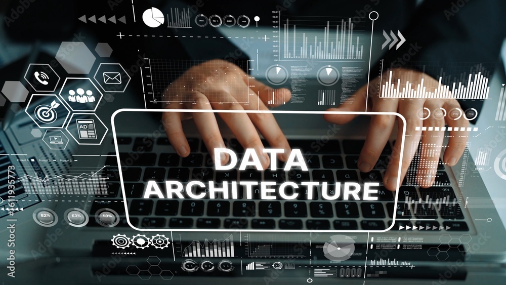 Poster hands typing on laptop with digital data architecture graphics and technology interface visuals. asy