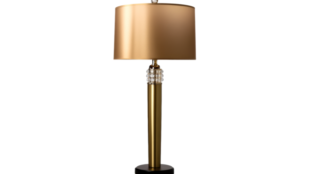Elegant floor lamp with golden shade and clear glass details
