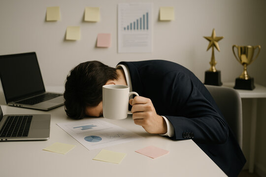 Overworked businessman collapsed at desk holding coffee mug, surrounded by charts and laptops, illustrating burnout in coffee-driven office culture.
 - Powered by Adobe