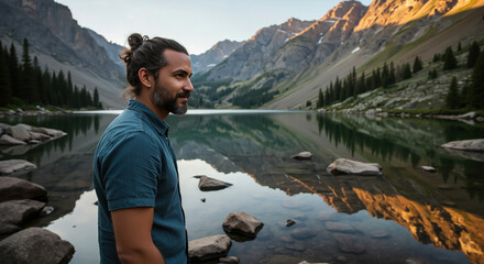 Man with man bun and beard in blue polo shirt by mountain lake during sunset. Outdoor lifestyle portrait for grooming and adventure content