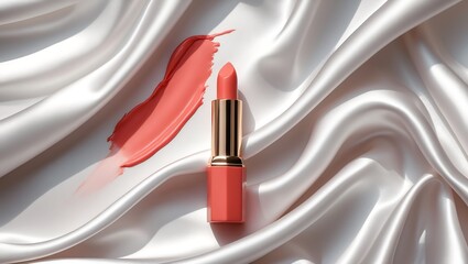 Luxurious coral lipstick with a swatch of creamy texture on a shimmering white satin background