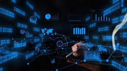 An engaging visual representation of data analytics featuring dynamic charts and graphs showcasing trends and insights in a futuristic tech environment. Xenic