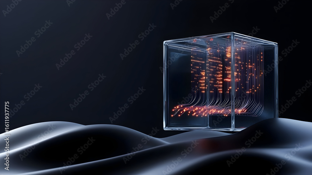 Wall mural transparent cube with glowing circuitry, futuristic and abstract. inside, intricate pathways and glo