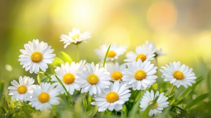 Fototapeta premium Bright White Daisies Blooming Naturally in Green Grass Landscape
