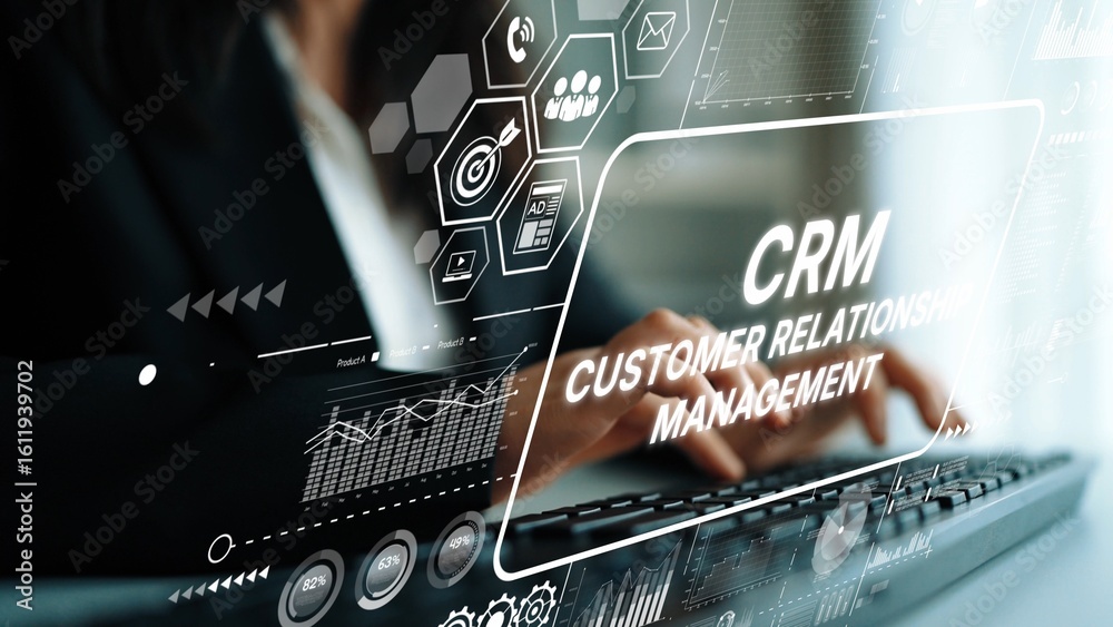 Poster modern business technology interface showing crm concept with graphs and data visualizations on keyb