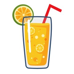 Refreshing orange juice in glass with straw and lemon garnish  
